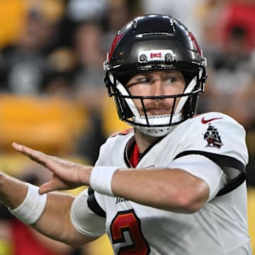 Aug 16, 2025; Pittsburgh, Pennsylvania, USA; Tampa Bay Buccaneers quarterback Kyle Trask (2) looks to pass against the Pittsburgh Steelers during the second quarter at Acrisure Stadium. Mandatory Credit: Barry Reeger-Imagn Images