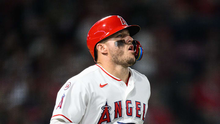 Apr 17, 2026; Anaheim, California, USA; Los Angeles Angels center fielder Mike Trout (27) runs during the fourth inning against the San Diego Padres at Angel Stadium. Mandatory Credit: William Liang-Imagn Images