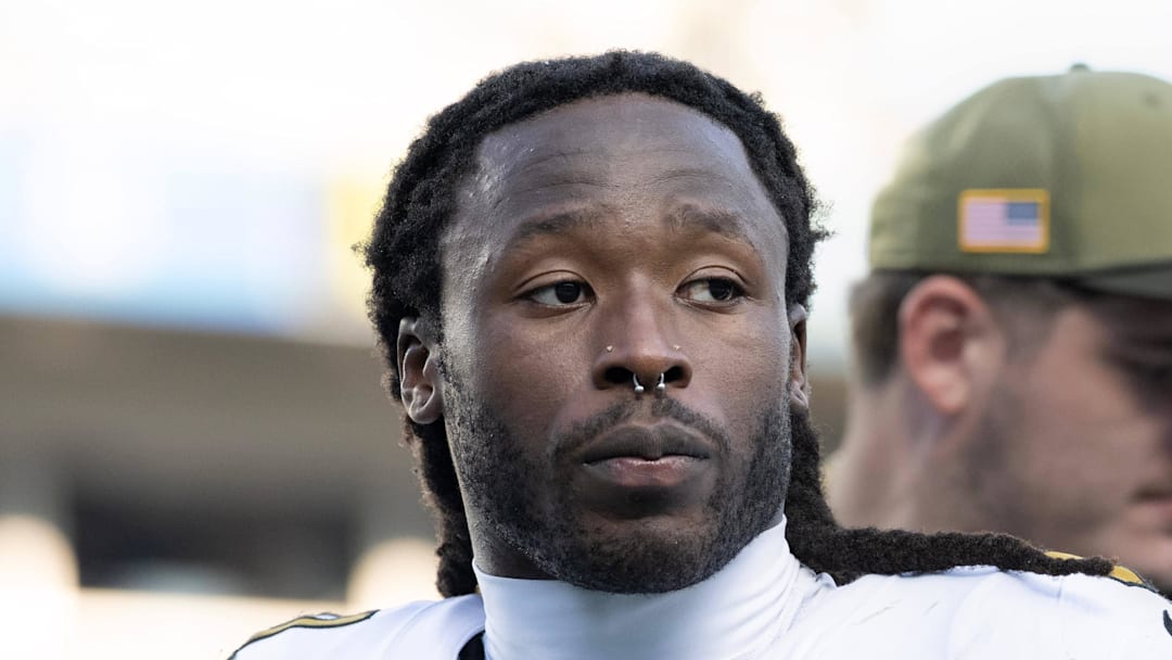 New Orleans Saints running back Alvin Kamara walks off the field after the game.