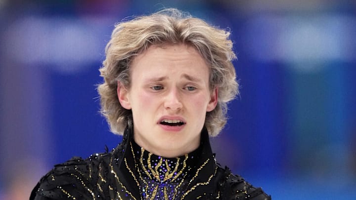 Ilia Malinin reacts after competing in the men’s singles free program
