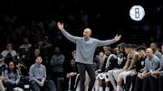 Nov 18, 2025; Brooklyn, New York, USA; Brooklyn Nets head coach Jordi Fernandez reacts during the third quarter against the Boston Celtics at Barclays Center. Mandatory Credit: Brad Penner-Imagn Images
