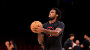 Nov 12, 2025; Houston, Texas, USA; Houston Rockets forward Tari Eason (17) warms up prior to the game against the Washington Wizards at Toyota Center. Mandatory Credit: Erik Williams-Imagn Images