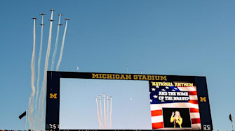 Fly over during national anthem before the game between Michigan and New Mexico at Michigan Stadium in Ann Arbor on Saturday, August 30, 2025.