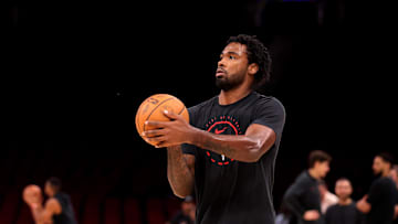 Nov 12, 2025; Houston, Texas, USA; Houston Rockets forward Tari Eason (17) warms up prior to the game against the Washington Wizards at Toyota Center. Mandatory Credit: Erik Williams-Imagn Images