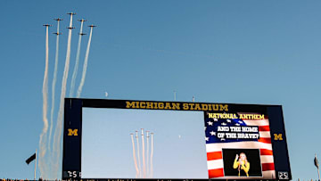 Fly over during national anthem before the game between Michigan and New Mexico at Michigan Stadium in Ann Arbor on Saturday, August 30, 2025.
