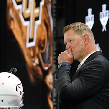 Jul 8, 2025; Frisco, TX, USA; UCF head coach Scott Frost addresses the media during 2025 Big 12 Football Media Days at The Star. Mandatory Credit: Raymond Carlin III-Imagn Images