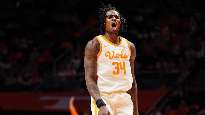 Tennessee forward Felix Okpara (34) celebrates a play during a college basketball game between Tennessee and Louisville held at Thompson-Boling Arena at Food City Center in Knoxville, Tenn., on Dec. 16, 2025.