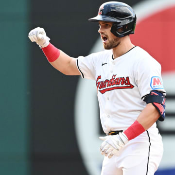 Aug 1, 2024; Cleveland, Ohio, USA; Cleveland Guardians center fielder Lane Thomas (8) celebrates after hitting a double during the first inning against the Baltimore Orioles at Progressive Field.