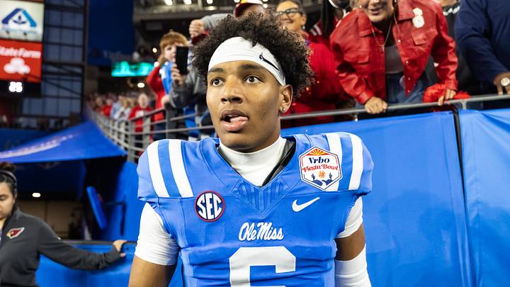 Jan 8, 2026; Glendale, AZ, USA; Detailed view of the jersey of Mississippi Rebels quarterback Trinidad Chambliss (6) against the Miami Hurricanes during the 2026 Fiesta Bowl and semifinal game of the College Football Playoff at State Farm Stadium. Mandatory Credit: Mark J. Rebilas-Imagn Images