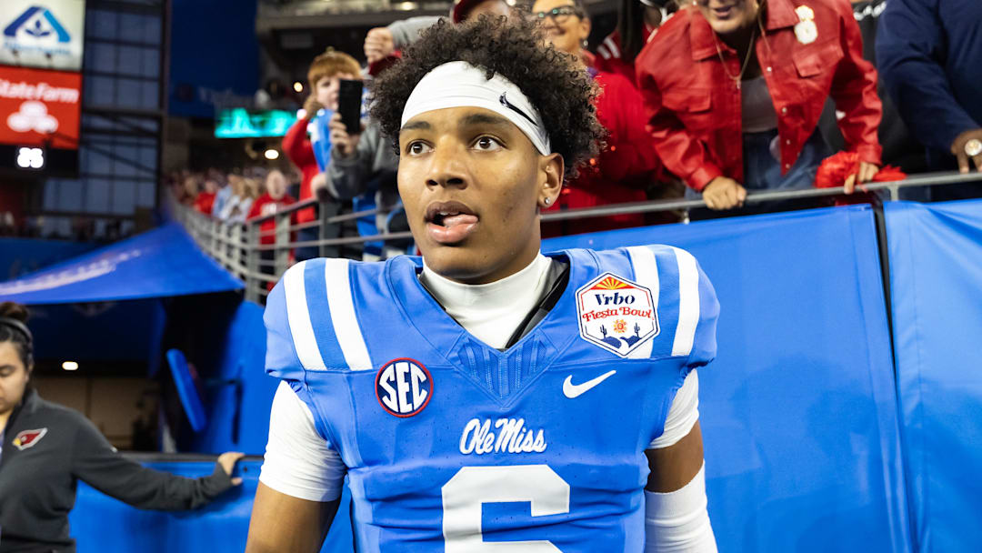 Detailed view of the jersey of Mississippi Rebels quarterback Trinidad Chambliss (6).