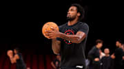 Nov 12, 2025; Houston, Texas, USA; Houston Rockets forward Tari Eason (17) warms up prior to the game against the Washington Wizards at Toyota Center. Mandatory Credit: Erik Williams-Imagn Images