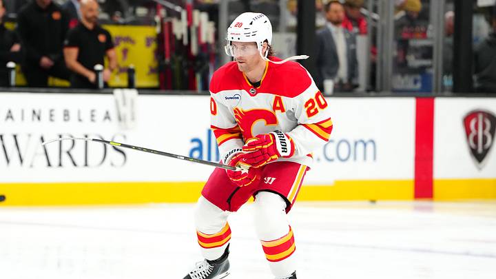 Apr 2, 2026; Las Vegas, Nevada, USA; Calgary Flames left wing Blake Coleman (20) warms up before a game against the Vegas Golden Knights at T-Mobile Arena. Mandatory Credit: Stephen R. Sylvanie-Imagn Images