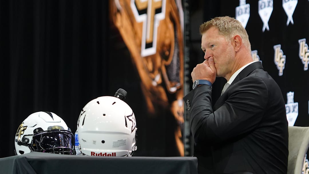 Jul 8, 2025; Frisco, TX, USA; UCF head coach Scott Frost addresses the media during 2025 Big 12 Football Media Days at The Star. Mandatory Credit: Raymond Carlin III-Imagn Images