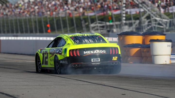 Ryan Blaney suffers a flat left rear tire during the NASCAR Cup Series race at Pocono Raceway in 2022. Photo Credit