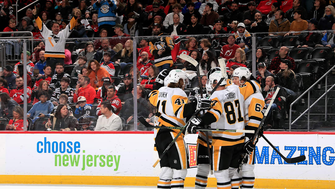 The Crosby Line celebrates goal during Pittsburgh Penguins v New Jersey Devils in 2024-2025 season