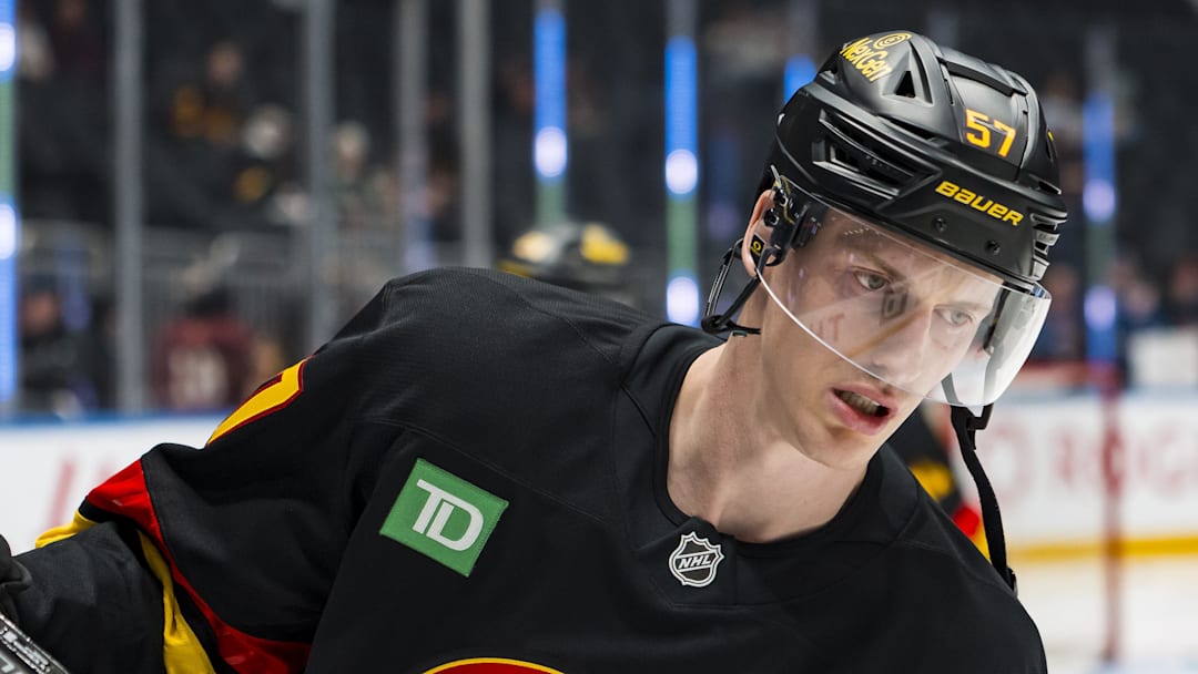 Mar 2, 2026; Vancouver, British Columbia, CAN; Vancouver Canucks defenseman Tyler Myers (57) skates in warm up prior to a game against the Dallas Stars at Rogers Arena. Mandatory Credit: Bob Frid-Imagn Images