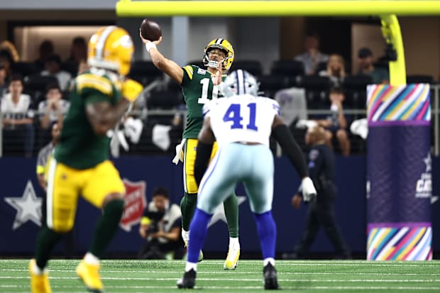 Green Bay Packers quarterback Jordan Love (10) throws a pass against the Dallas Cowboys.