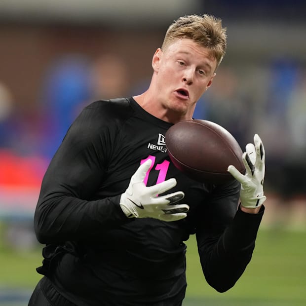 Jackson Hawes (TE11) participates in drills during the 2025 NFL Combine