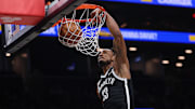 Dec 6, 2025; Brooklyn, New York, USA; Brooklyn Nets center Nic Claxton (33) goes up for a dunk during the second half against the New Orleans Pelicans at Barclays Center. Mandatory Credit: Vincent Carchietta-Imagn Images