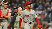 May 7, 2025; Atlanta, Georgia, USA; Cincinnati Reds starting pitcher Hunter Greene (21) leaves the game with an injury against the Atlanta Braves in the fourth inning at Truist Park. Mandatory Credit: Brett Davis-Imagn Images