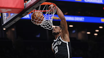 Dec 6, 2025; Brooklyn, New York, USA; Brooklyn Nets center Nic Claxton (33) goes up for a dunk during the second half against the New Orleans Pelicans at Barclays Center. Mandatory Credit: Vincent Carchietta-Imagn Images