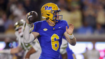 Nov 22, 2025; Atlanta, Georgia, USA; Pittsburgh Panthers quarterback Mason Heintschel (6) throws a pass against the Georgia Tech Yellow Jackets in the second quarter at Bobby Dodd Stadium at Hyundai Field. Mandatory Credit: Brett Davis-Imagn Images