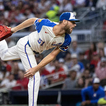 Atlanta Braves pitcher Chris Sale (51) pitches the ball against the Los Angeles Dodgers during the first inning at Truist Park on Sept 14.