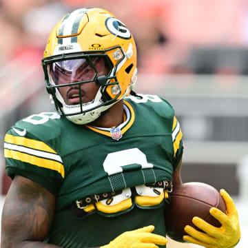 Aug 10, 2024; Cleveland, Ohio, USA; Green Bay Packers running back Josh Jacobs (8) before the game against the Cleveland Browns at Cleveland Browns Stadium.  