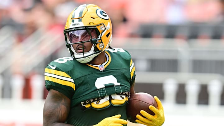 Aug 10, 2024; Cleveland, Ohio, USA; Green Bay Packers running back Josh Jacobs (8) before the game against the Cleveland Browns at Cleveland Browns Stadium. Mandatory Credit: Ken Blaze-Imagn Images