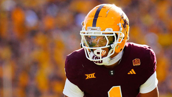 Arizona State wide receiver Xavier Guillory (1) lines up across from BYU during the first half at Mountain America Stadium in Tempe on Nov. 23, 2024.