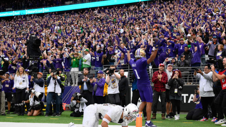 Oct 14, 2023; Seattle, Washington, USA; Washington Huskies wide receiver Rome Odunze (1) celebrates