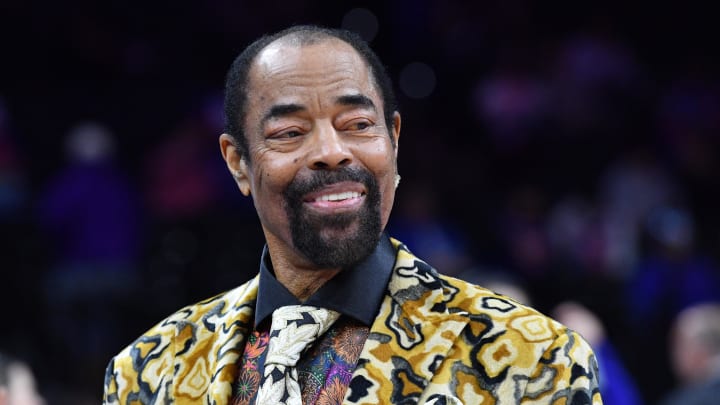 Feb 10, 2023; Philadelphia, Pennsylvania, USA; MSG Network announcer and former New York Knicks great Walt Frazier on the court before game against the Philadelphia 76ers at Wells Fargo Center. Mandatory Credit: Eric Hartline-USA TODAY Sports