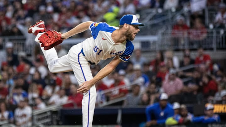 Atlanta Braves pitcher Chris Sale (51) pitches the ball against the Los Angeles Dodgers during the first inning at Truist Park on Sept 14.