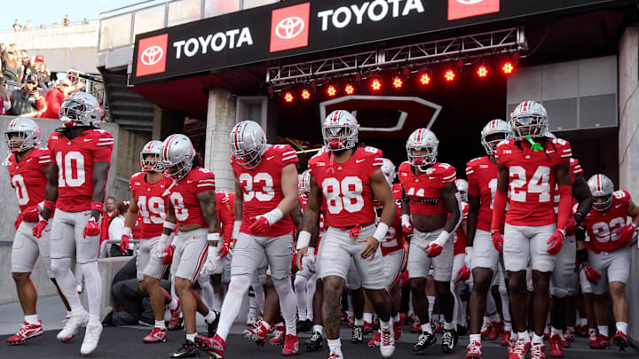 Sept. 7, 2024; Columbus, Ohio, USA;
The Ohio State Buckeyes take the field for warmups before an NCAA Division I football game against the Western Michigan Broncos on Saturday at Ohio Stadium.