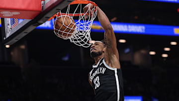 Dec 6, 2025; Brooklyn, New York, USA; Brooklyn Nets center Nic Claxton (33) goes up for a dunk during the second half against the New Orleans Pelicans at Barclays Center. Mandatory Credit: Vincent Carchietta-Imagn Images