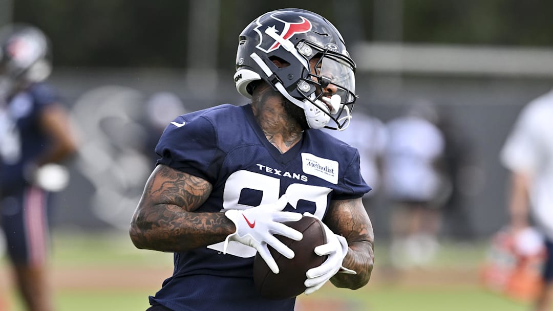 Jun 10, 2025; Houston, TX, USA; Houston Texans tight end Irv Smith Jr. (83) participates in a drill during an NFL football minicamp at NRG Stadium.