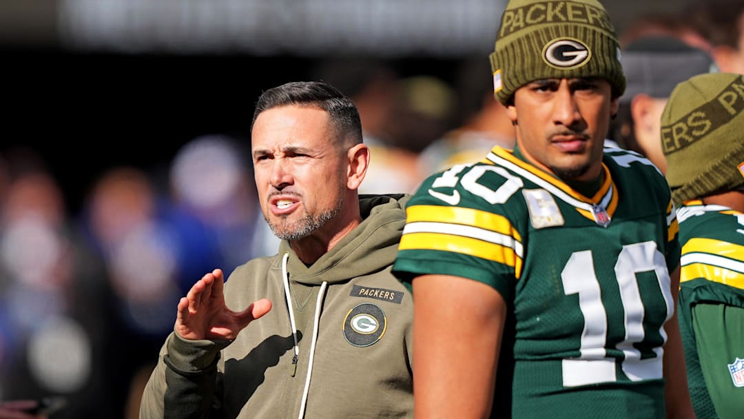 Nov 16, 2025; East Rutherford, New Jersey, USA; Green Bay Packers head coach Matt LaFleur and quarterback Jordan Love (10) before the game against the New York Giants at MetLife Stadium.