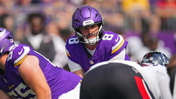 Aug 9, 2025; Minneapolis, Minnesota, USA; Minnesota Vikings quarterback Sam Howell (8) under center against the Houston Texans in the second quarter at U.S. Bank Stadium. Mandatory Credit: Brad Rempel-Imagn Images