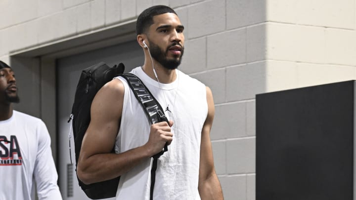 Jul 10, 2024; Las Vegas, Nevada, USA; USA forward Jayson Tatum (10) arrives for a game against Canada for the USA Basketball Showcase at T-Mobile Arena. Mandatory Credit: Candice Ward-USA TODAY Sports