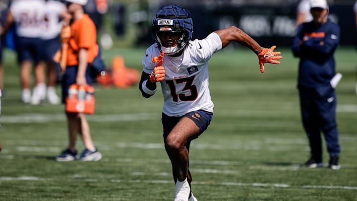 Jul 23, 2025; Englewood, CO, USA; Denver Broncos wide receiver Pat Bryant (13) during Denver Broncos Training Camp. Mandatory Credit: Isaiah J. Downing-Imagn Images