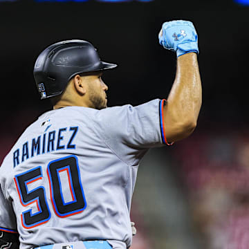 Cincinnati, Ohio, USA; Miami Marlins catcher Agustin Ramirez (50) runs the bases after hitting a solo home run in the seventh inning against the Cincinnati Reds at Great American Ball Park.