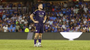 Aug 9, 2024; Orlando, Florida, USA; Orlando City forward Duncan McGuire (13) prepares to take a penalty kick against Cruz Azul at INTER&CO Stadium. Mandatory Credit: Morgan Tencza-USA TODAY Sports