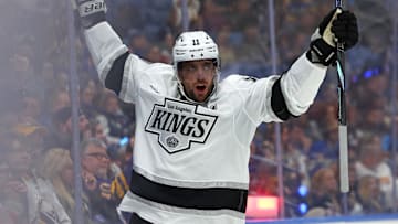 Oct 10, 2024; Buffalo, New York, USA;  Los Angeles Kings center Anze Kopitar (11) reacts after scoring a goal during the third period against the Buffalo Sabres at KeyBank Center. Mandatory Credit: Timothy T. Ludwig-Imagn Images