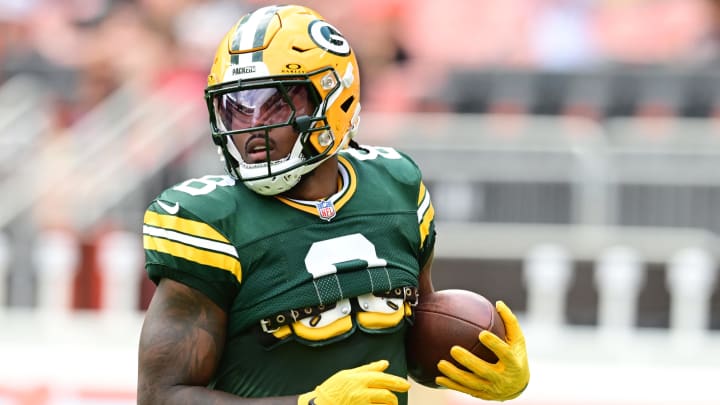 Aug 10, 2024; Cleveland, Ohio, USA; Green Bay Packers running back Josh Jacobs (8) before the game against the Cleveland Browns at Cleveland Browns Stadium. Mandatory Credit: Ken Blaze-USA TODAY Sports