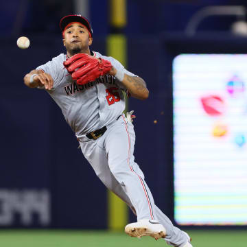 Apr 27, 2024; Miami, Florida, USA; Washington Nationals shortstop Nasim Nunez (26) throws to first base to retire Miami Marlins shortstop Tim Anderson (not pictured) during the eighth inning at loanDepot Park.