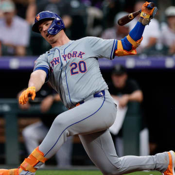 Aug 6, 2024; Denver, Colorado, USA; New York Mets first baseman Pete Alonso (20) strikes out in the third inning against the Colorado Rockies at Coors Field. Mandatory Credit: Isaiah J. Downing-USA TODAY Sports