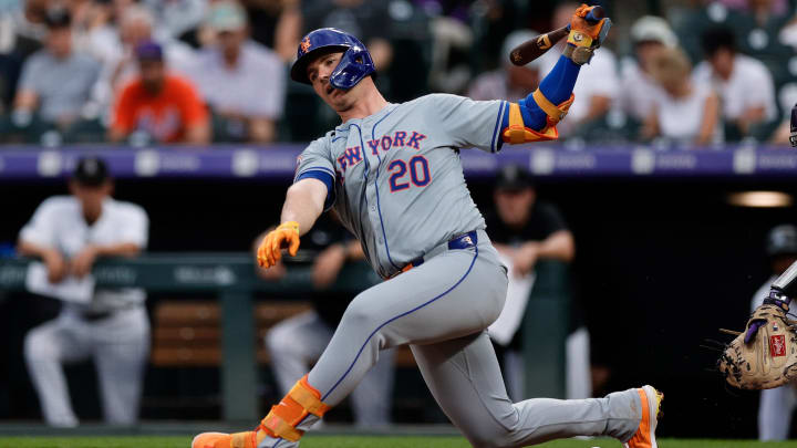 Aug 6, 2024; Denver, Colorado, USA; New York Mets first baseman Pete Alonso (20) strikes out in the third inning against the Colorado Rockies at Coors Field. Mandatory Credit: Isaiah J. Downing-USA TODAY Sports