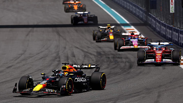 May 4, 2024; Miami Gardens, Florida, USA; Red Bull Racing driver Max Verstappen (1) lead the field into turn one during the F1 Sprint Race at Miami International Autodrome. Mandatory Credit: Peter Casey-Imagn Images