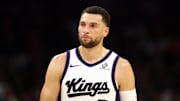 Oct 22, 2025; Phoenix, Arizona, USA; Sacramento Kings guard Zach LaVine (8) against the Phoenix Suns at the Mortgage Matchup Center.