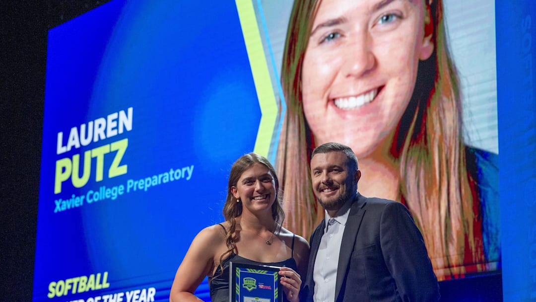Lauren Putz accepts an award at the Arizona High School Sports Awards at Arizona Financial Theater in Phoenix, June 17, 2024.